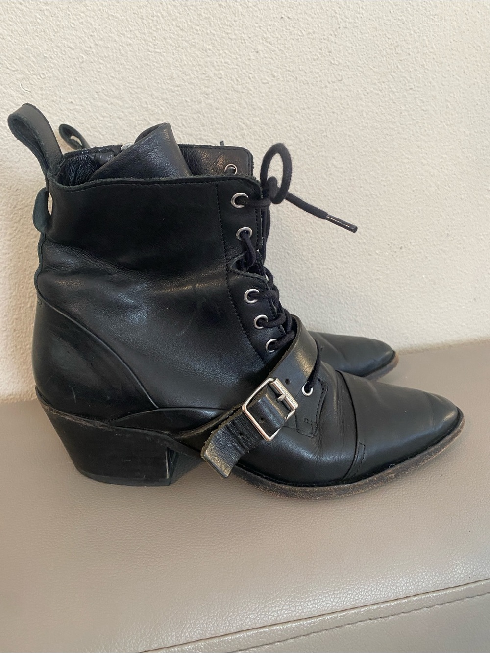 AllSaints Black Leather Lace-Up Ankle Boots with Buckle Strap